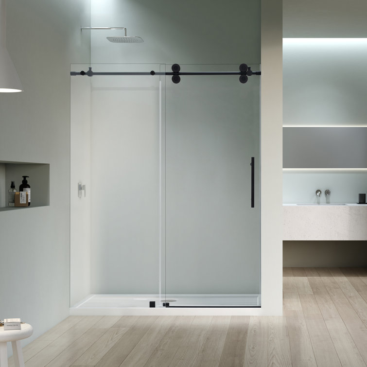 Altair Matte Black Frameless Sliding Shower Door with Clear Glass