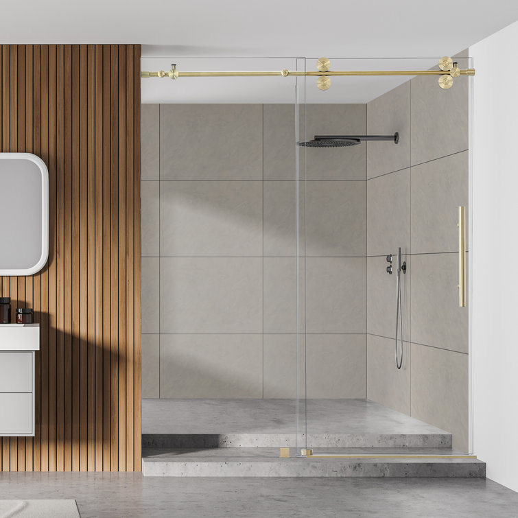 Gold and Clear Glass Frameless Sliding Shower Door, 68" x 78"