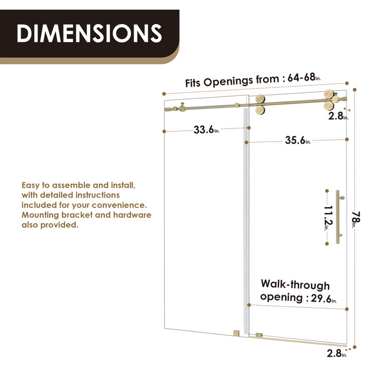 Gold and Clear Glass Frameless Sliding Shower Door, 68" x 78"
