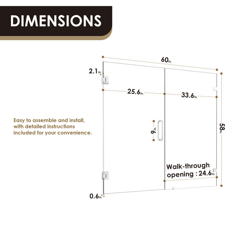 60" Polished Chrome Frameless Hinged Tub Door with Clear Glass