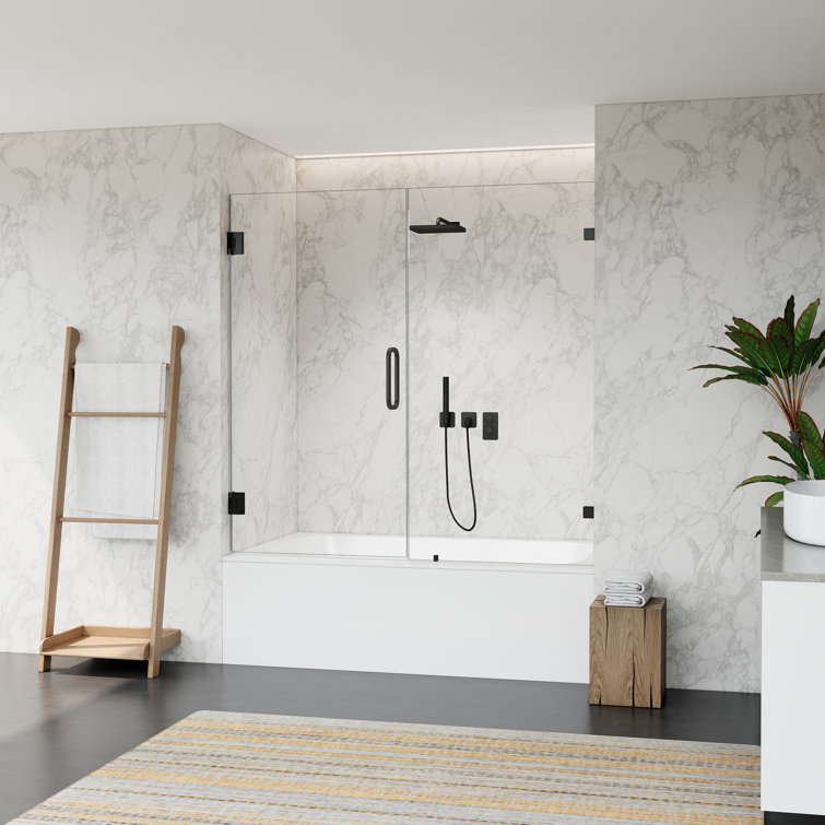 60" Matte Black Frameless Hinged Tub Door with Clear Glass
