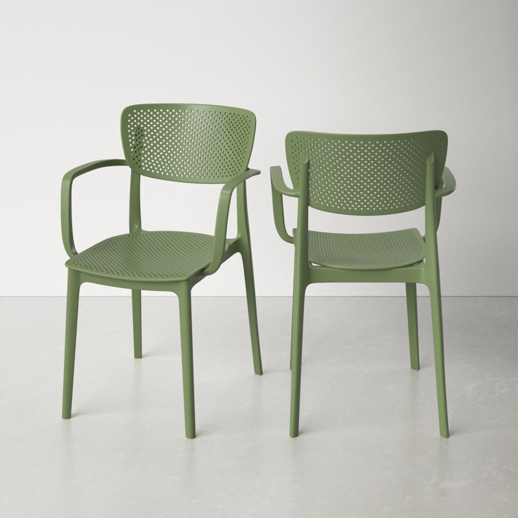 Olive Green Plastic Resin Stackable Outdoor Dining Chairs, Set of 2