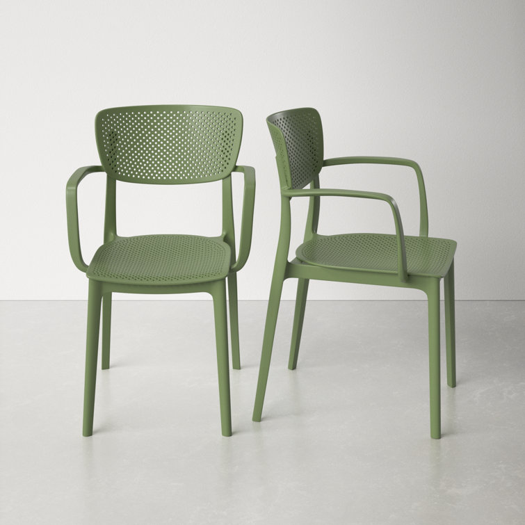 Olive Green Plastic Resin Stackable Outdoor Dining Chairs, Set of 2