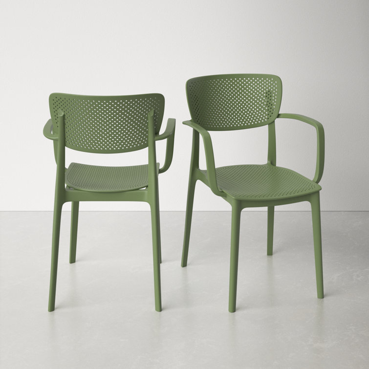 Olive Green Plastic Resin Stackable Outdoor Dining Chairs, Set of 2