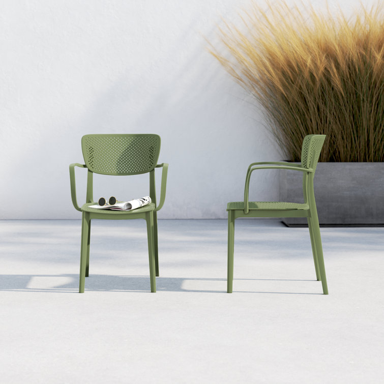 Olive Green Plastic Resin Stackable Outdoor Dining Chairs, Set of 2