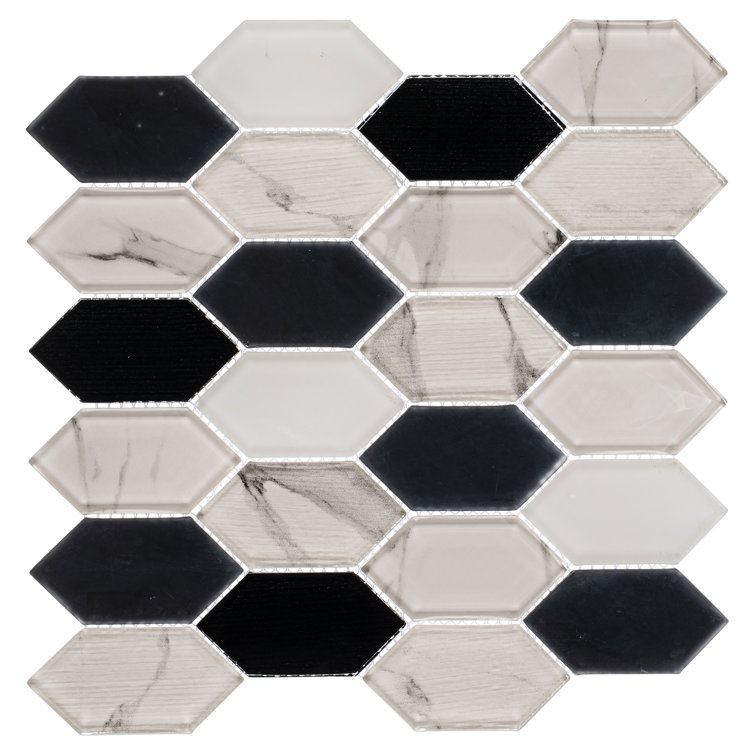 Astor Elongated Hexagon Black and White Glass Mosaic Tile
