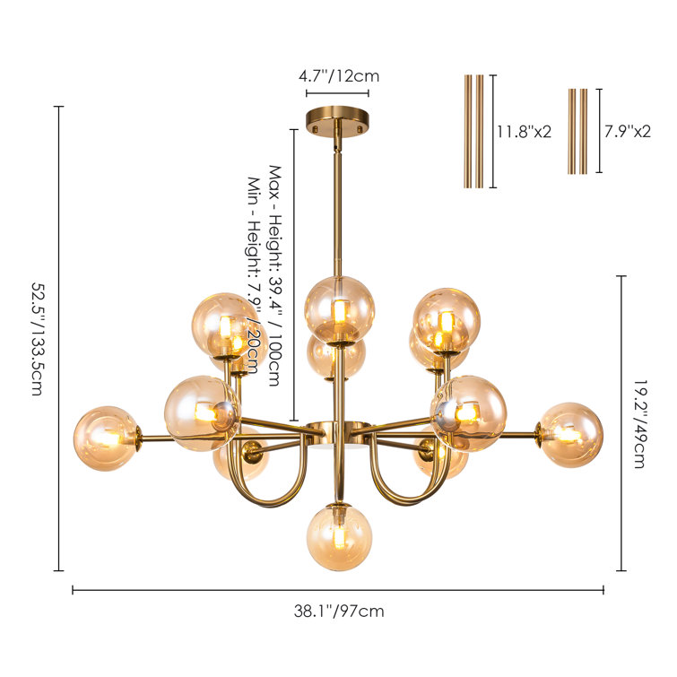 Brass 13-Light Sputnik Glass Bubble Chandelier