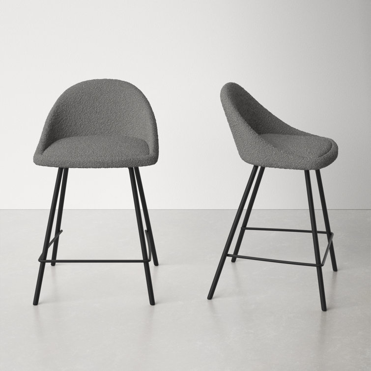Gray Boucle Upholstered Counter Stool with Iron Legs, Set of 2