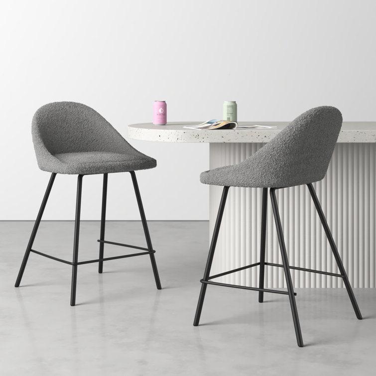 Gray Boucle Upholstered Counter Stool with Iron Legs, Set of 2