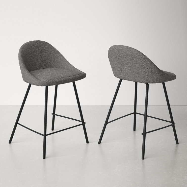 Gray Boucle Upholstered Counter Stool with Iron Legs, Set of 2