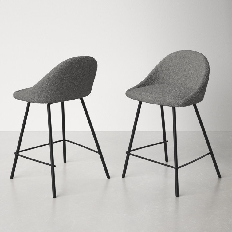 Gray Boucle Upholstered Counter Stool with Iron Legs, Set of 2