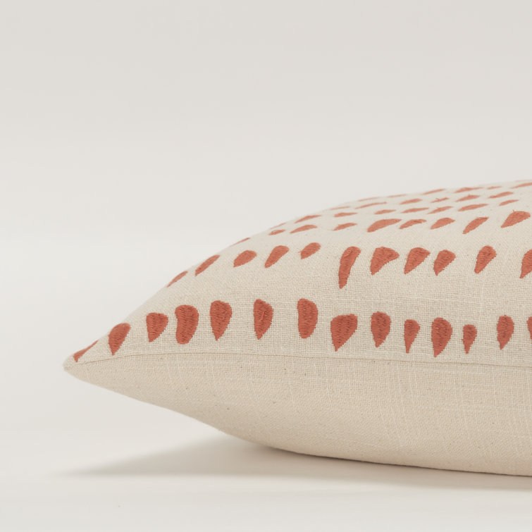 Coral and Natural Embroidered Cotton Lumbar Pillow Set