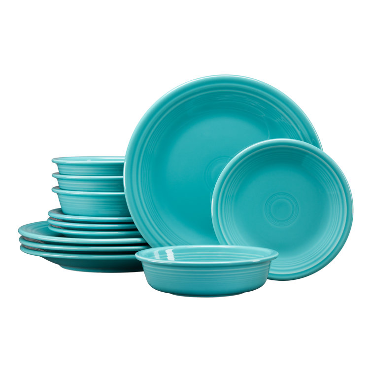 Turquoise and White Ceramic 12-Piece Dinnerware Set, Service for 4