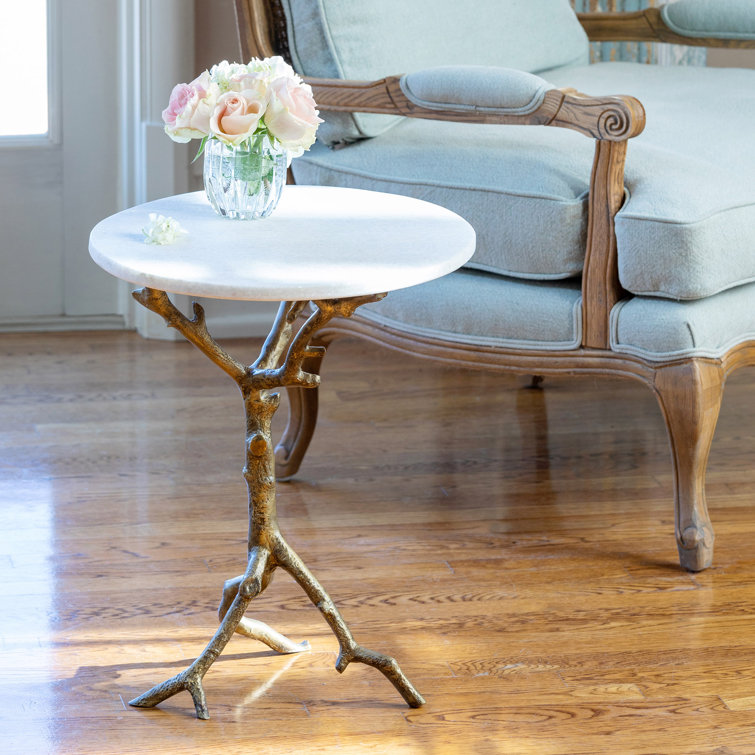 White Marble and Antique Gold Branch Accent Table