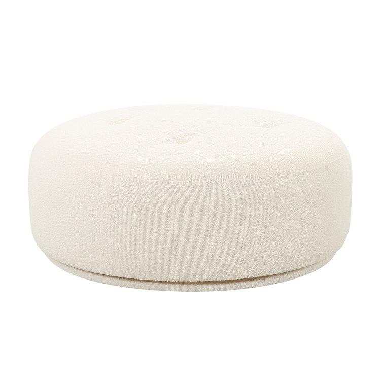 Cream Boucle Round Swivel Ottoman with Solid Wood Frame