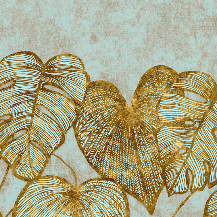 Teal and Gold Monstera Leaf Floral Wallpaper Mural