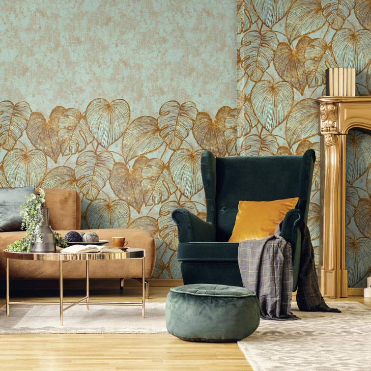 Teal and Gold Monstera Leaf Floral Wallpaper Mural