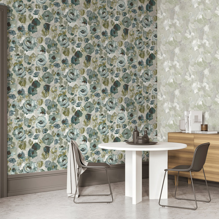 Emerald Gray Floral Non-Pasted Wallpaper Roll with Gold Shimmer