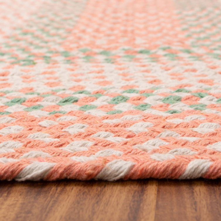 Handmade Coral and Green Cotton Braided Rectangle Rug