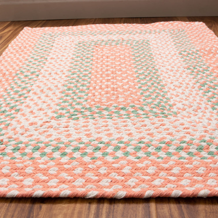 Handmade Coral and Green Cotton Braided Rectangle Rug