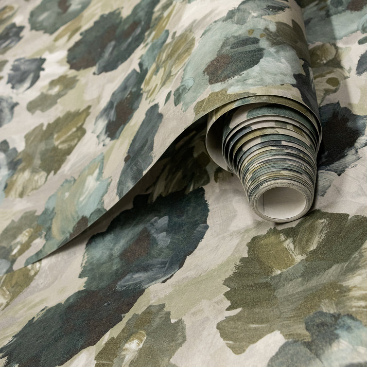 Emerald Gray Floral Non-Pasted Wallpaper Roll with Gold Shimmer