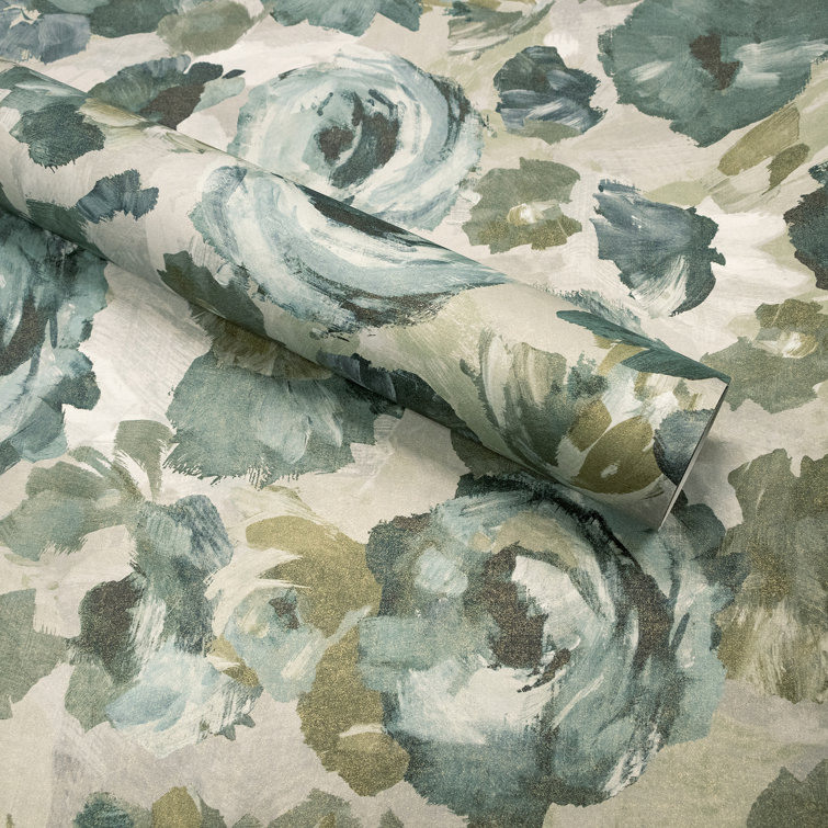 Emerald Gray Floral Non-Pasted Wallpaper Roll with Gold Shimmer