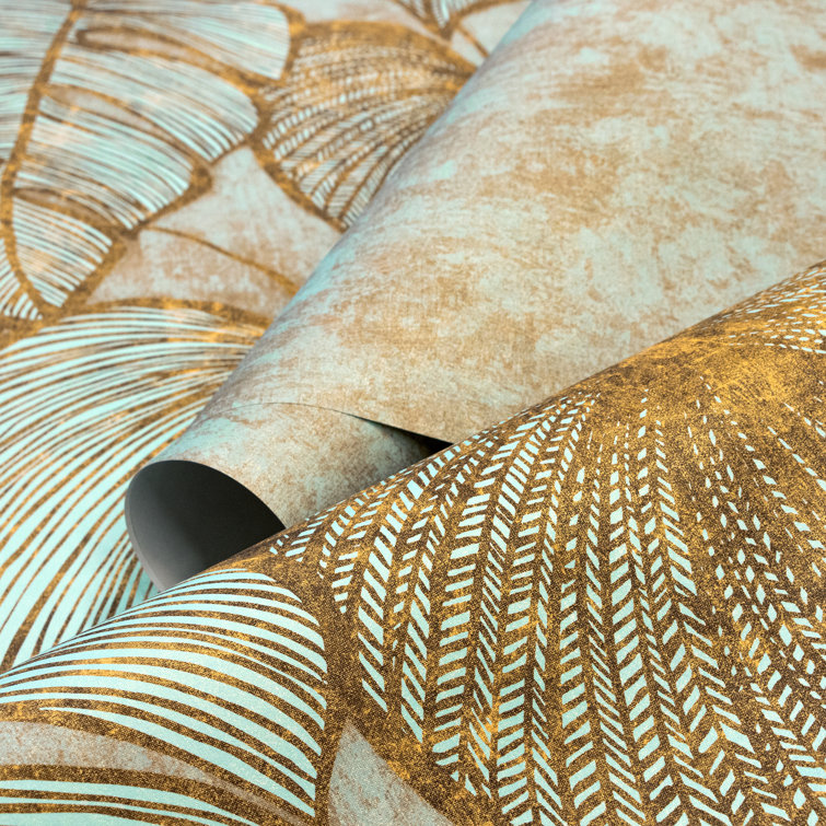 Teal and Gold Monstera Leaf Floral Wallpaper Mural