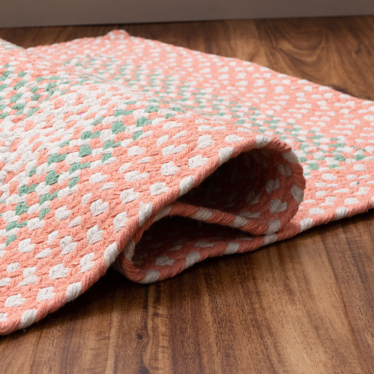 Handmade Coral and Green Cotton Braided Rectangle Rug