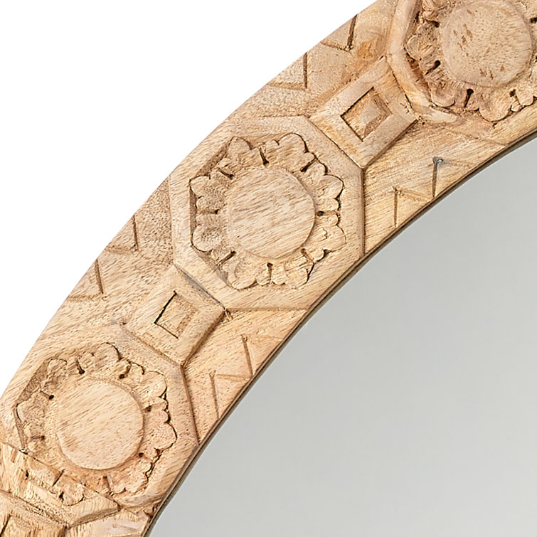 Natural Carved Wood Round Wall Mirror