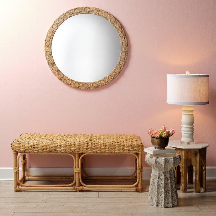 Natural Carved Wood Round Wall Mirror
