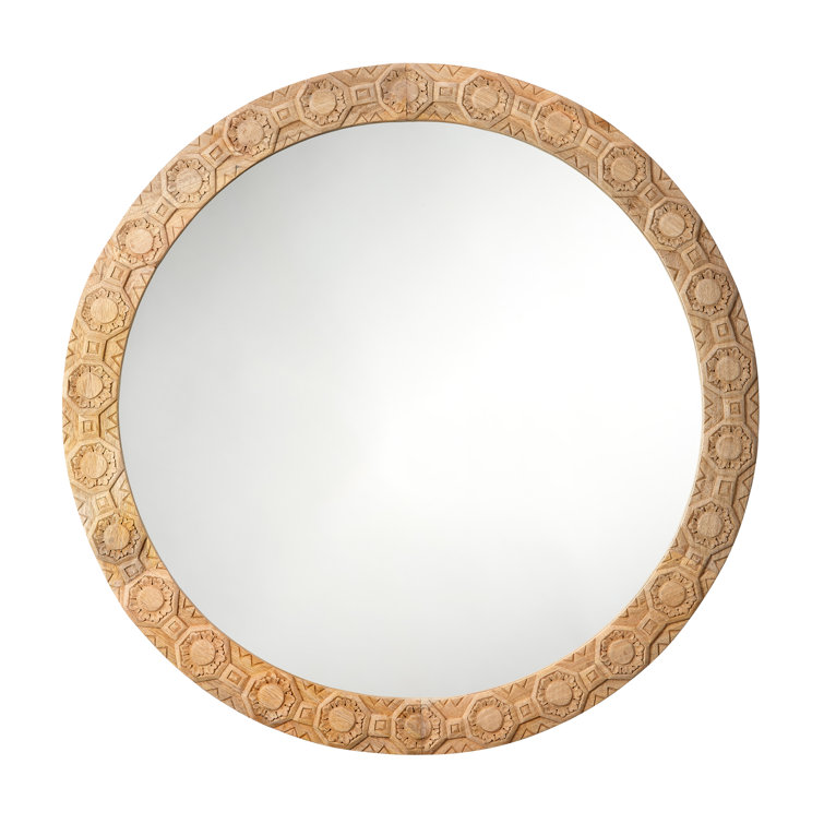 Natural Carved Wood Round Wall Mirror