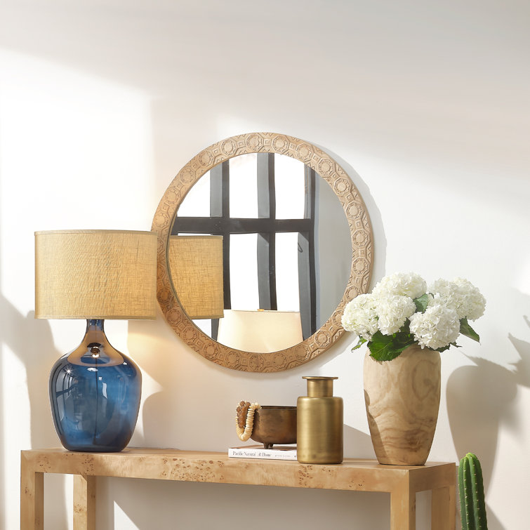 Natural Carved Wood Round Wall Mirror