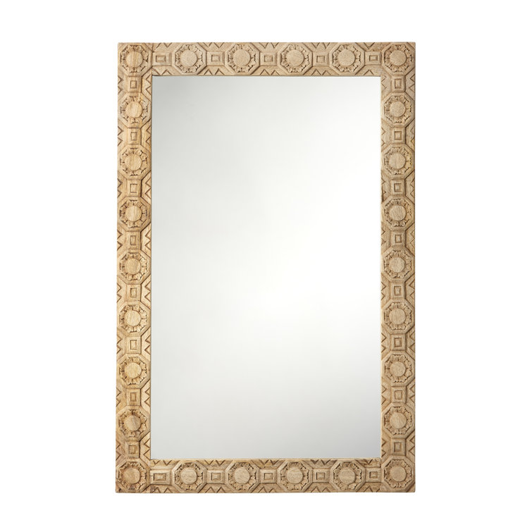 Light Wood Carved Rectangular Bohemian Accent Mirror