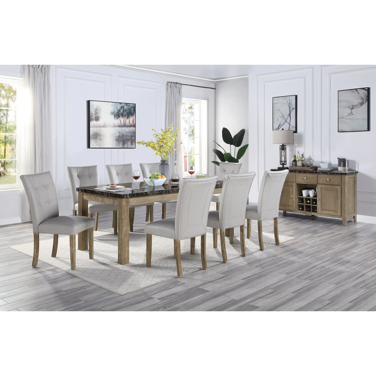 Transitional Oak and Marble Rectangular Dining Table