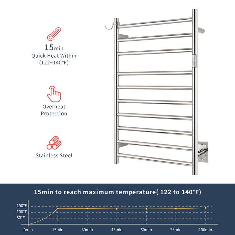 Polished Stainless Steel 10-Bar Wall Mounted Electric Towel Warmer