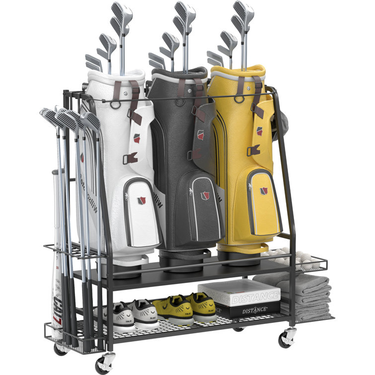 Black Metal Freestanding Golf Bag Storage Rack with Adjustable Racks