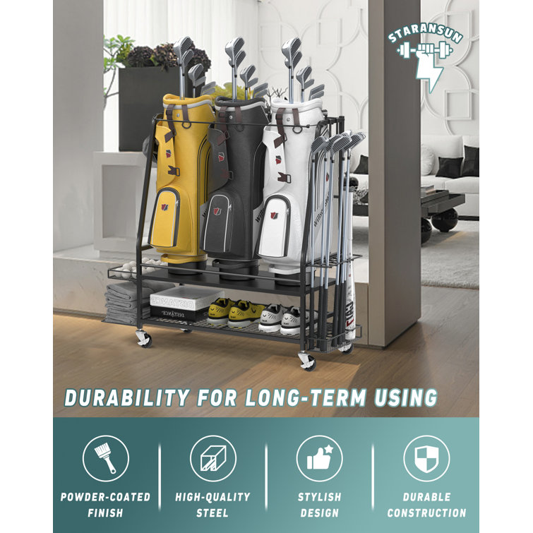 Black Metal Freestanding Golf Bag Storage Rack with Adjustable Racks