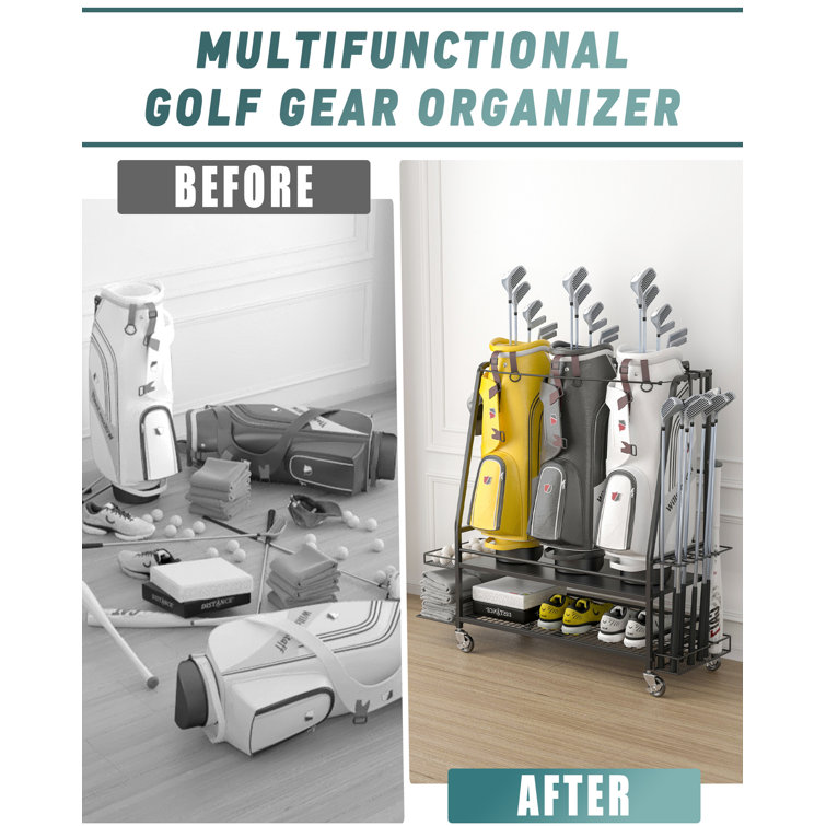 Black Metal Freestanding Golf Bag Storage Rack with Adjustable Racks