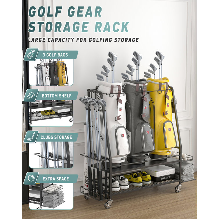 Black Metal Freestanding Golf Bag Storage Rack with Adjustable Racks