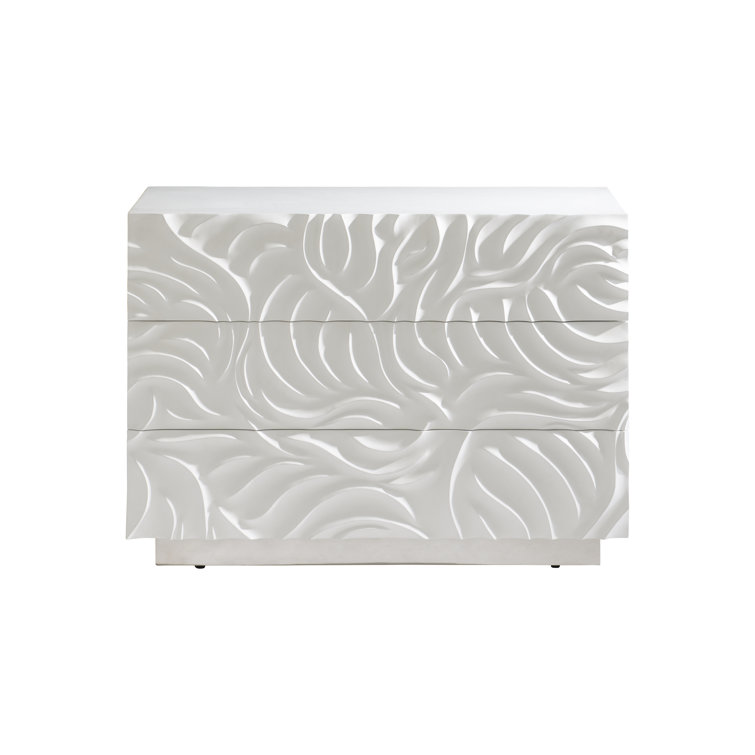 White Textured Resin and Stainless Steel 3-Drawer Nightstand