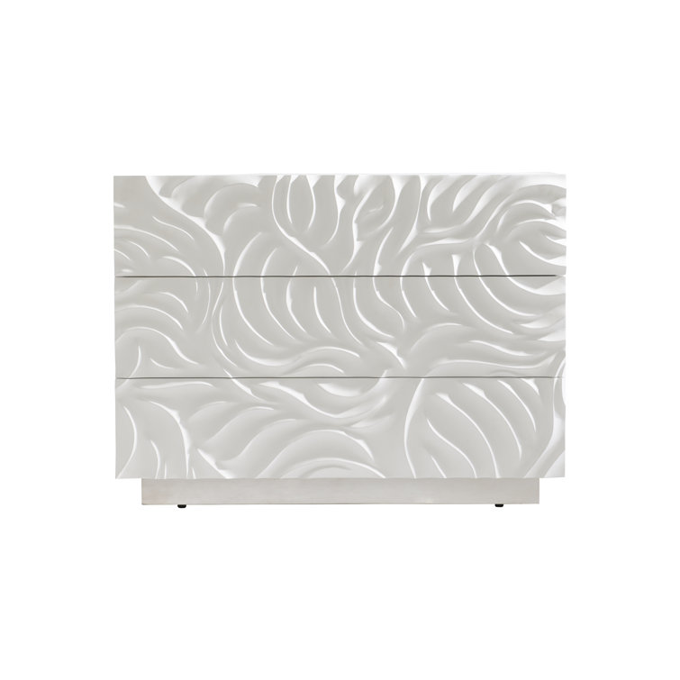 White Textured Resin and Stainless Steel 3-Drawer Nightstand