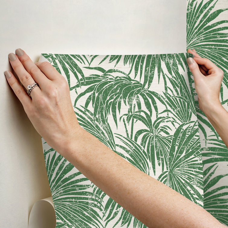 Green and Beige Vinyl Palm Leaf Peel and Stick Wallpaper