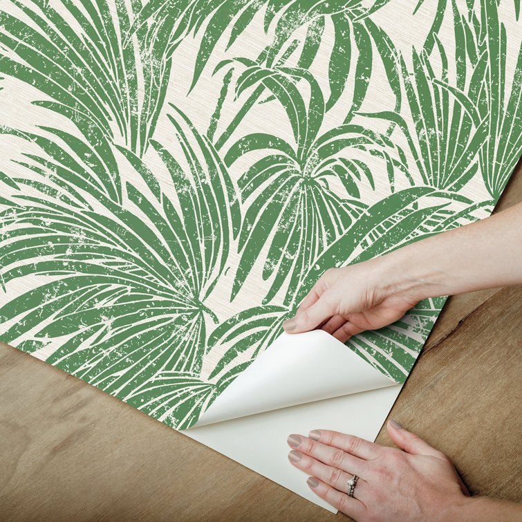 Green and Beige Vinyl Palm Leaf Peel and Stick Wallpaper