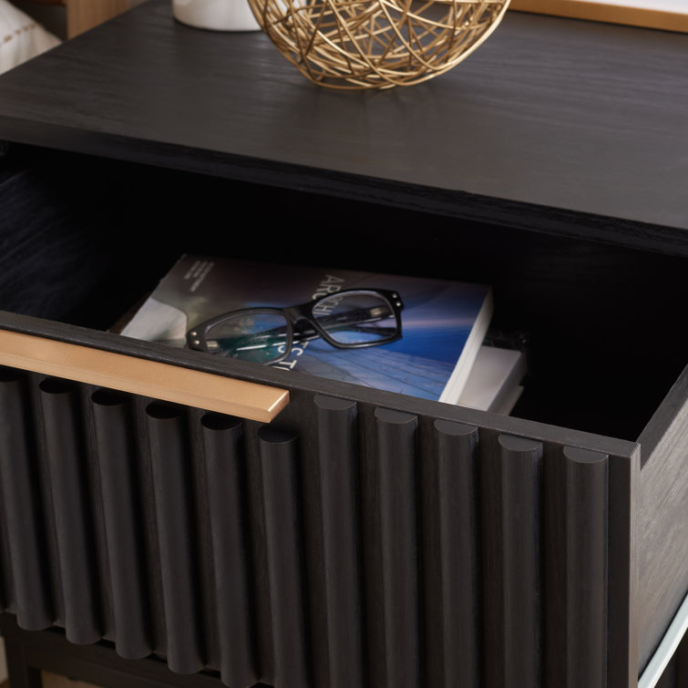 Black Veneer 2-Drawer Nightstand with Gold Handles