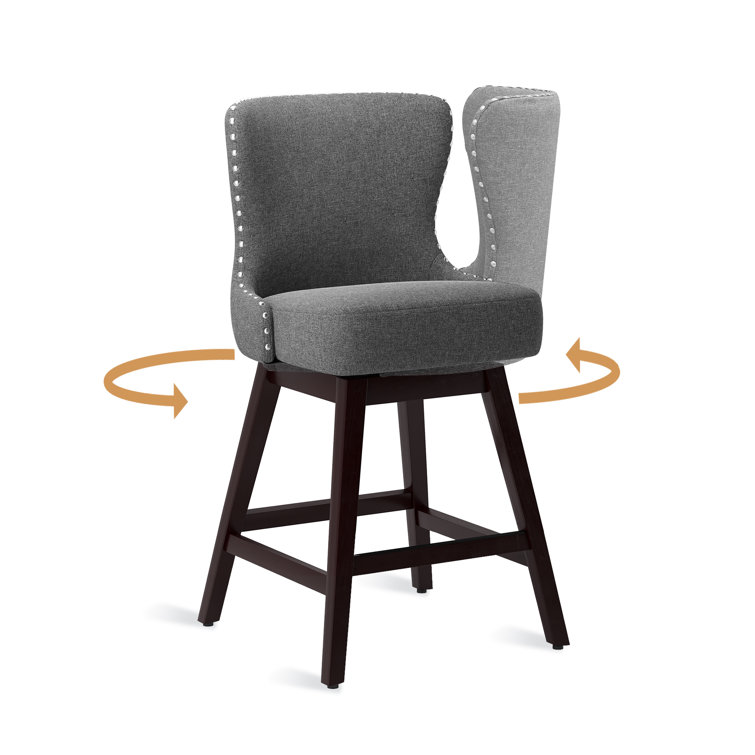 Gray Swivel Upholstered Counter Stool with Wood Frame
