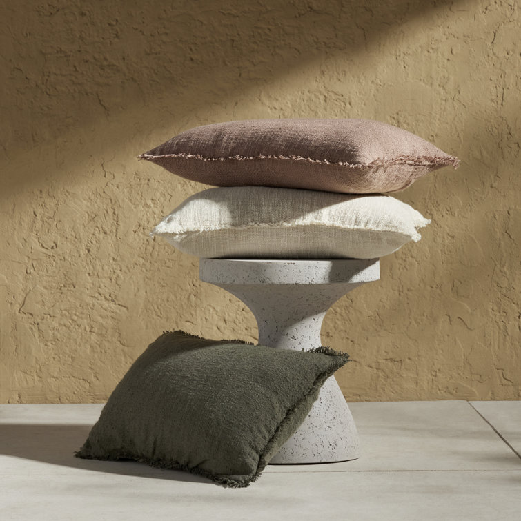 Olive Green Textured Lumbar Pillow with Eyelash Fringe