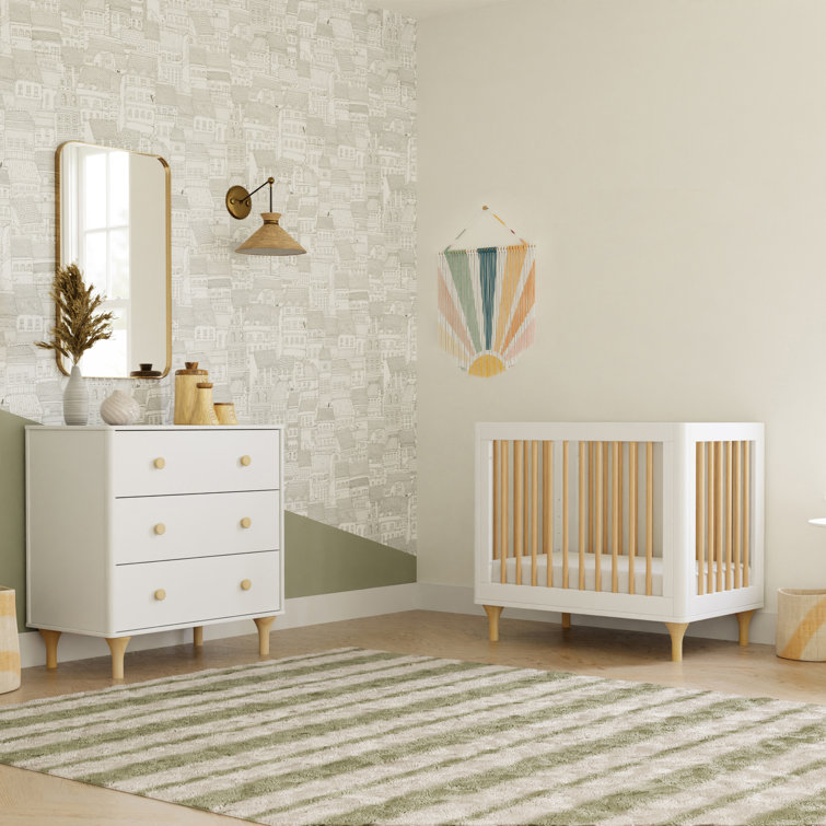 White and Natural Pine 4-in-1 Convertible Mini Crib