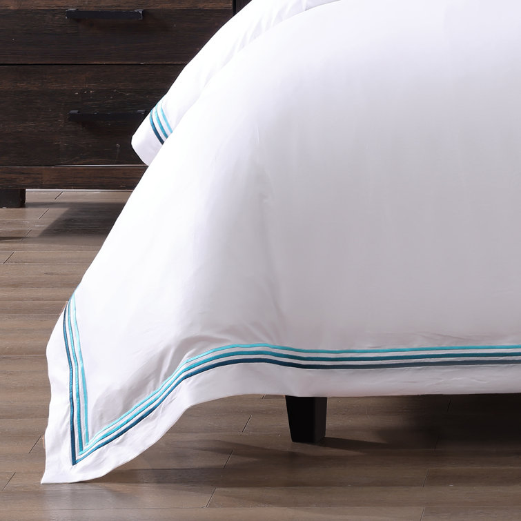 Teal Embroidered White Cotton King/Cal King Duvet Cover Set