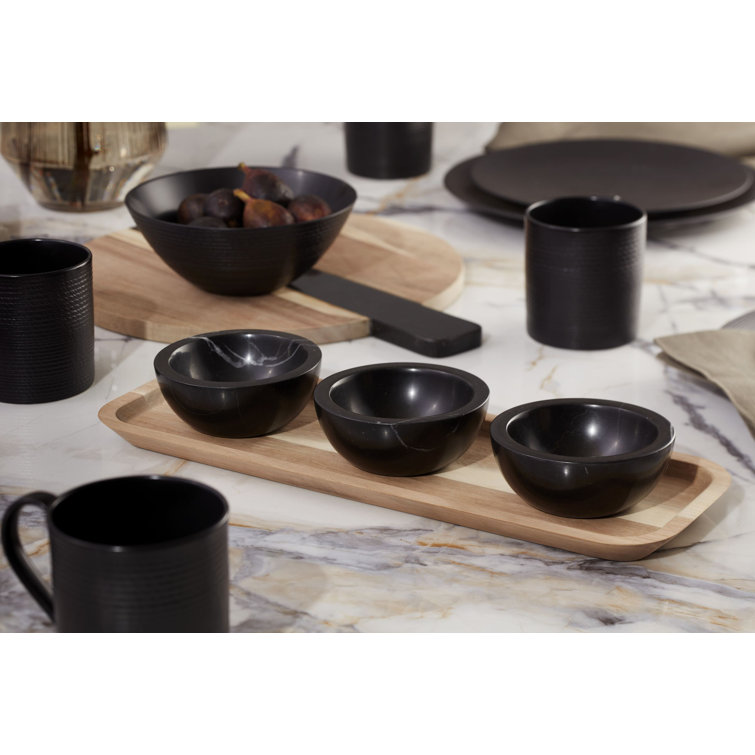 Modern Light Wood Tray with Black Marble Dip Bowls