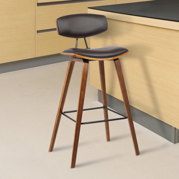 Fox 30'' Brown Faux Leather and Walnut Wood Mid-Century Bar Stool